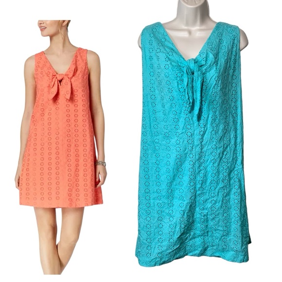 Pappagallo Dresses & Skirts - Pappagallo Aqua Tie Front Eyelet Shift Dress Plus Size 18
